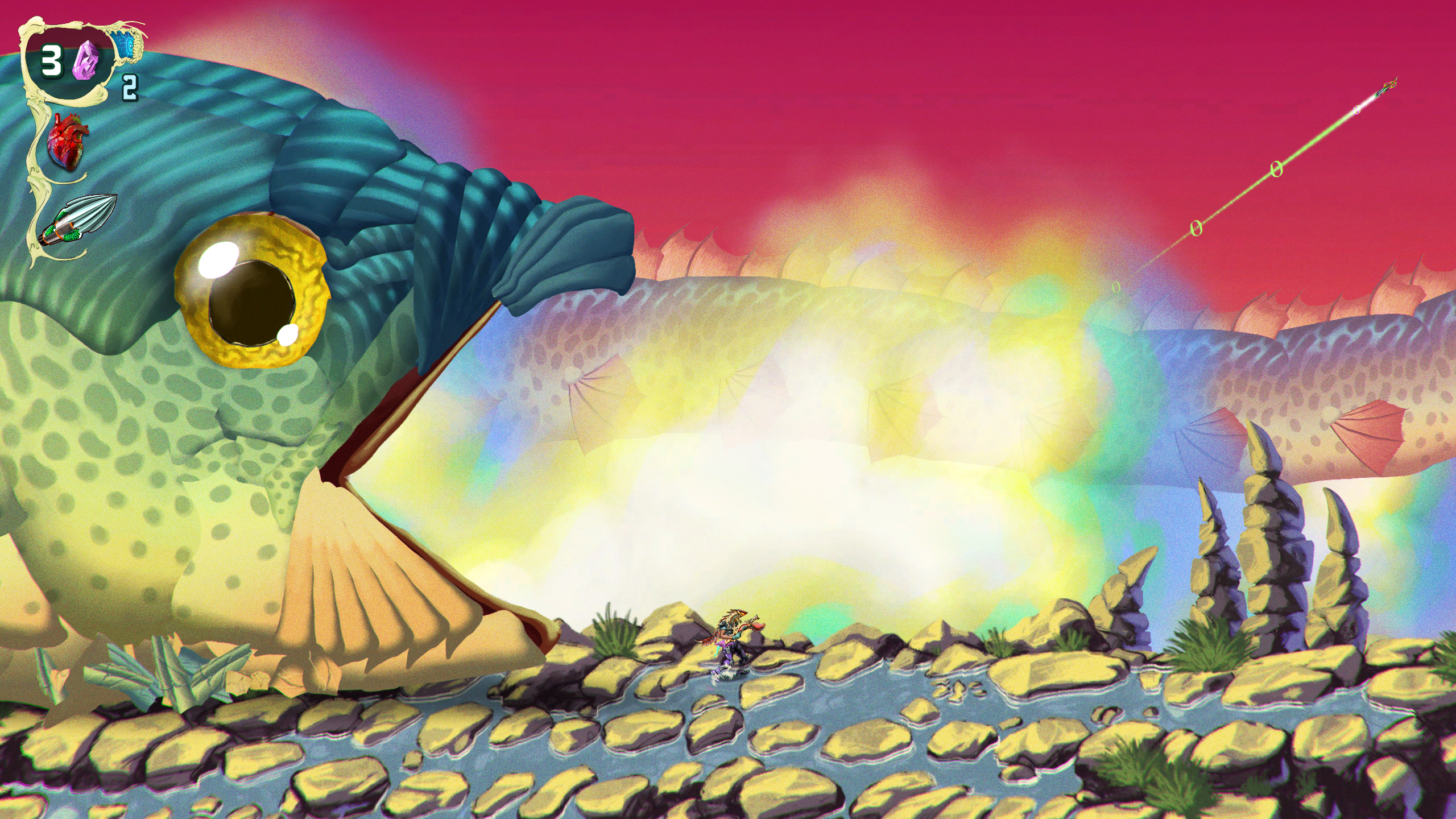 A giant fish in pscychedelic shooter ChainStaff