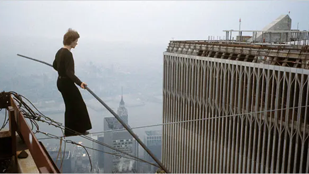 Tightrope walking between the Twin Towers in Man on Wire.
