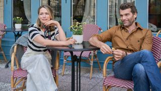 Bethany Joy Lenz, Stanley Weber sitting at a cafe in Savoring Paris