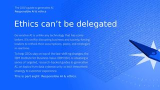 Blue background with large white text that says ethics can’t be delegated
