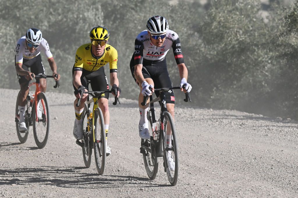 UBEDA SPAIN FEBRUARY 17 LR Egan Bernal of Colombia and Team INEOS Grenadiers Ben Tulett of Great Britain and Team Visma Lease a Bike and Tim Wellens of Belgium and UAE Team Emirates XRG attack passing through a gravel strokes sector during the 4th Clasica Jaen Paraiso Interior 2025 a 1692km one day race from Ubeda to Ubeda on February 17 2025 in Ubeda Spain Photo by Tim de WaeleGetty Images