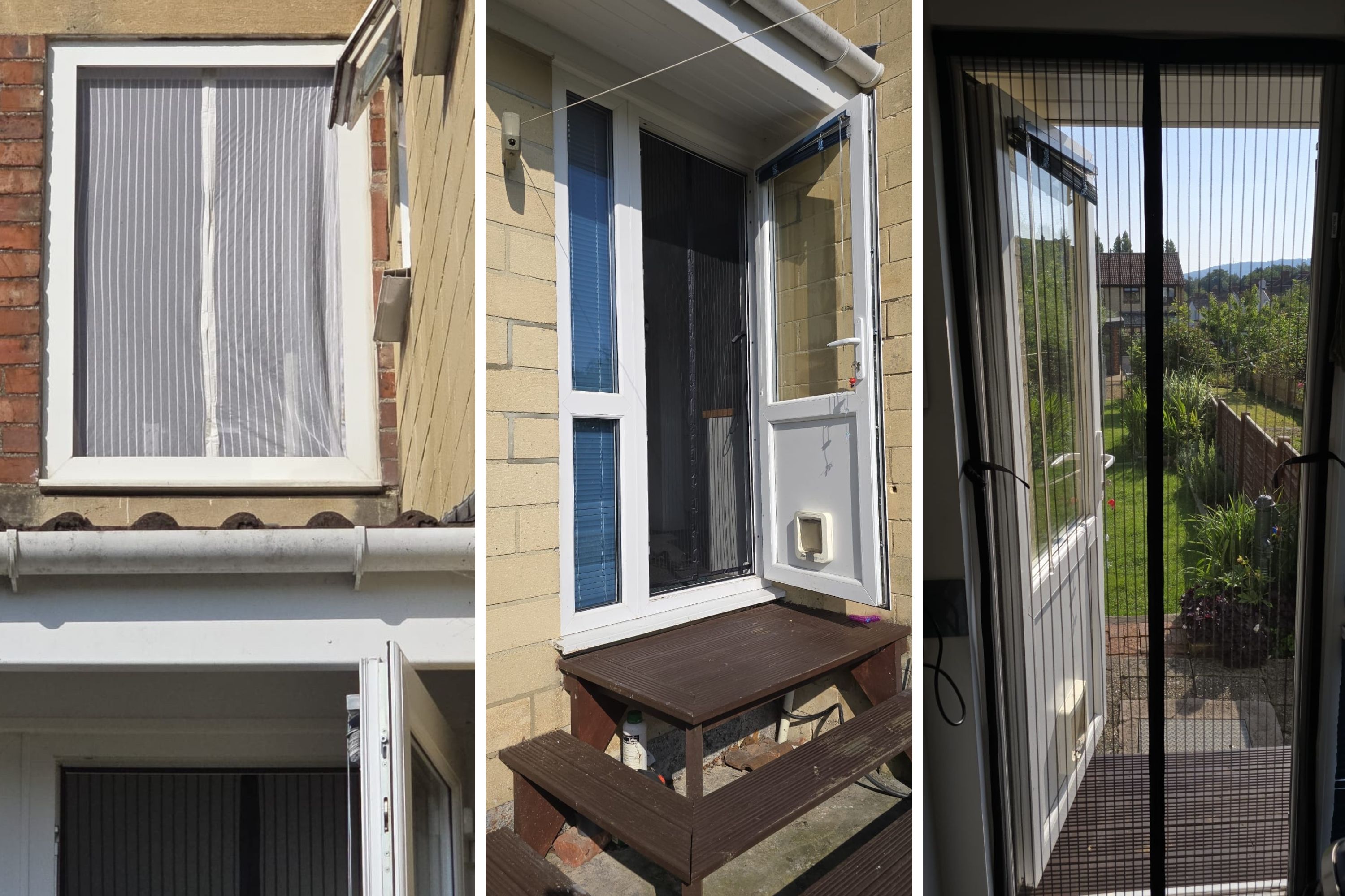 Three images of doors and windows with fly screens on