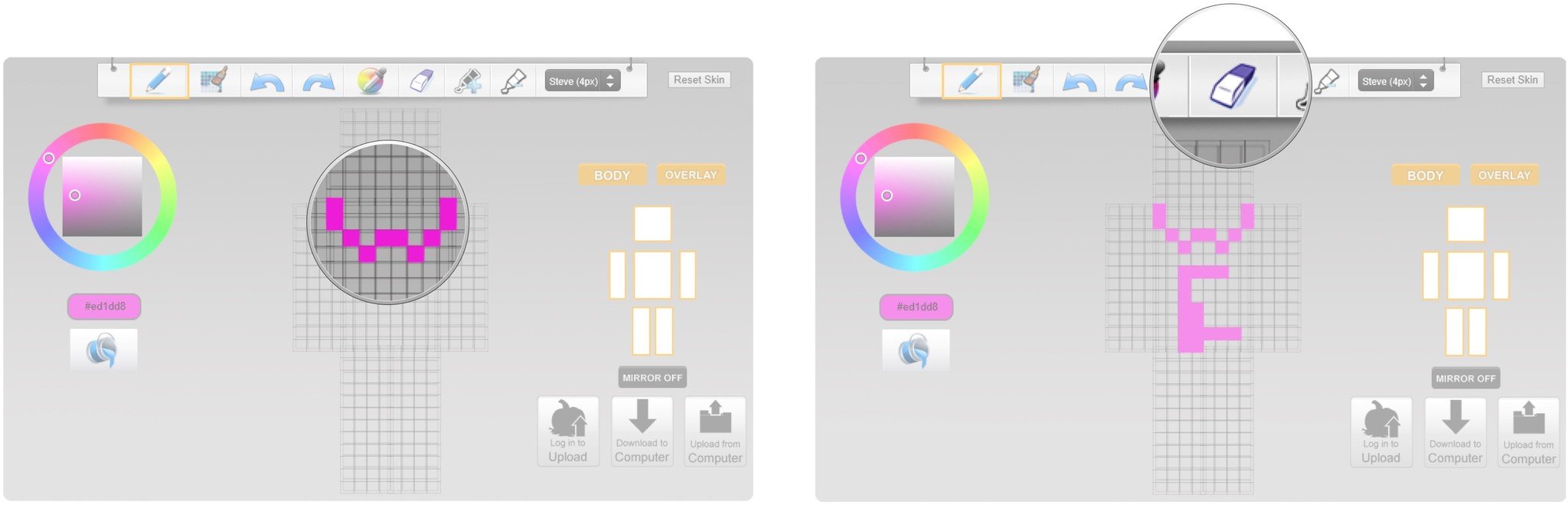 Click squares on the player model. Click the eraser button.