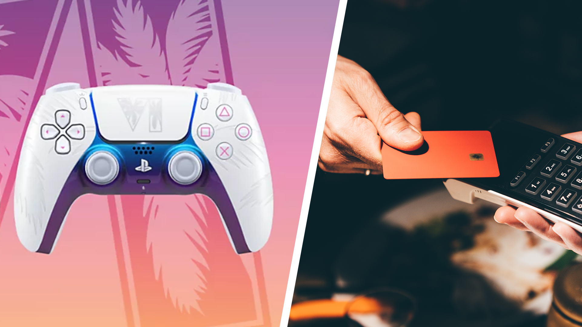 Sony GTA VI PlayStation Dualsense controller and someone paying by tapping a bank card on a cad reader
