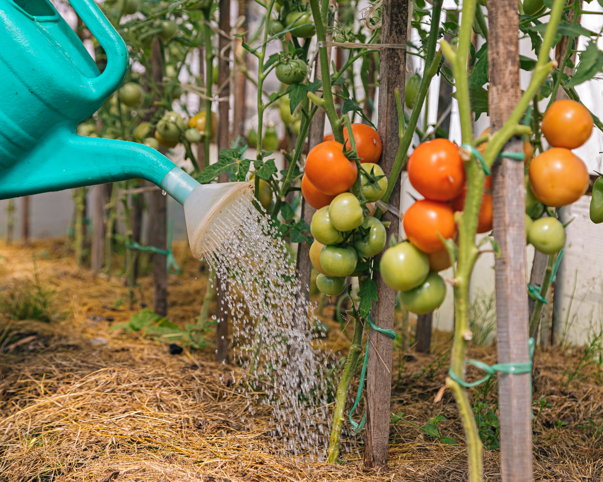 watering tomatoes in late summer