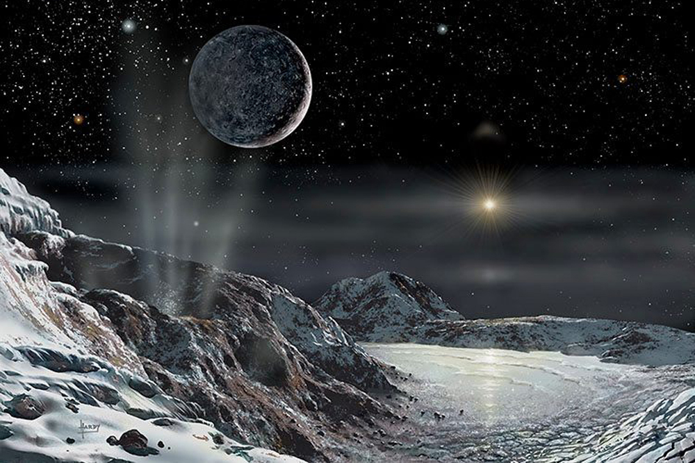 Artist David A. Hardy&#039;s view of Pluto and Charon