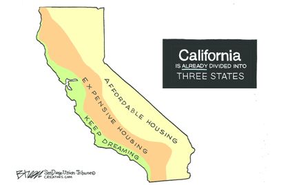 Political Cartoon U.S. California divided three states housing prices