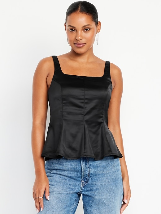 Square-Neck Satin Peplum Top