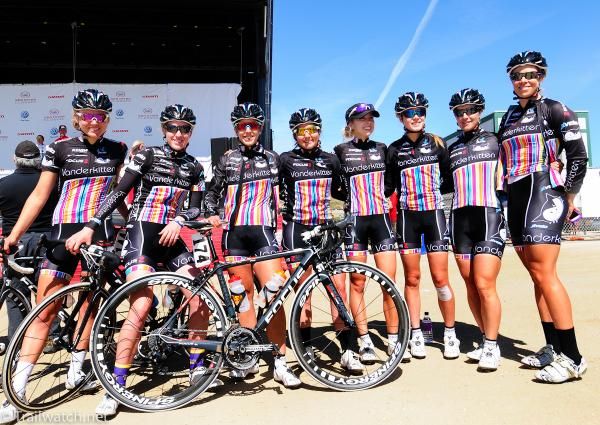 The Vanderkitten Womens' Road Team celebrates a trip to the podium