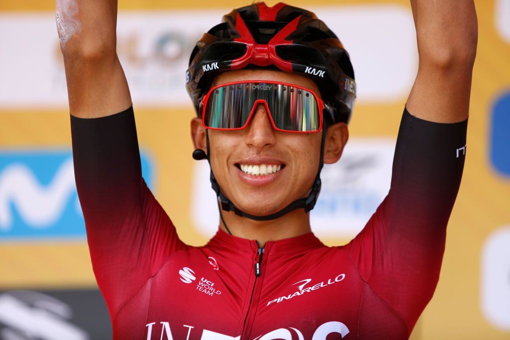 Egan Bernal (Team Ineos) salutes his home crowd ahead of stage 4 of the 2020 Tour Colombia 2.1 in February