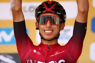 Egan Bernal (Team Ineos) salutes his home crowd ahead of stage 4 of the 2020 Tour Colombia 2.1 in February