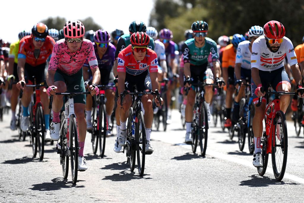 MONASTERIO DE TENTUDA SPAIN SEPTEMBER 07 LR Mark Padun of Ukraine and Team EF Education Easypost Remco Evenepoel of Belgium and Team QuickStep Alpha Vinyl Red Leader Jersey and Julien Bernard of France and Team Trek Segafredo compete during the 77th Tour of Spain 2022 Stage 17 a 1624km stage from Aracena to Monasterio de Tentuda 1095m LaVuelta22 WorldTour on September 07 2022 in Monasterio de Tentuda Spain Photo by Justin SetterfieldGetty Images
