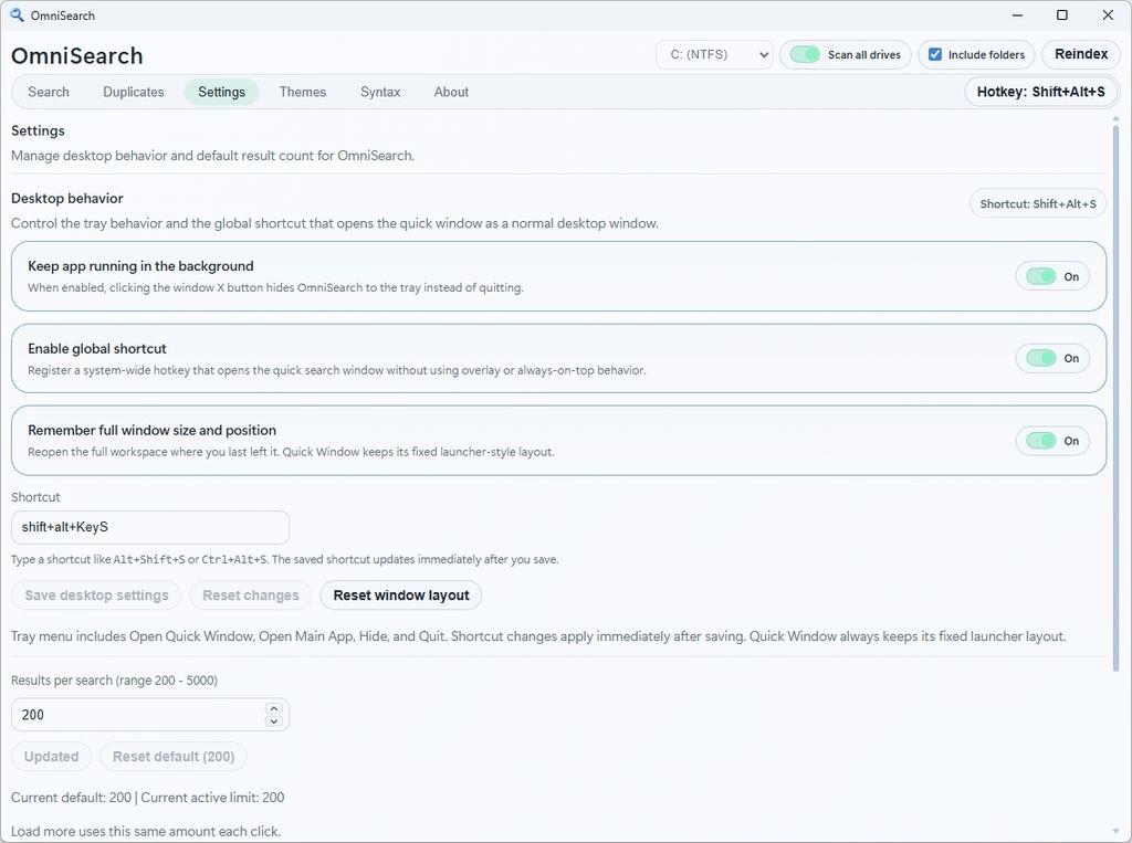 OmniSearch settings page