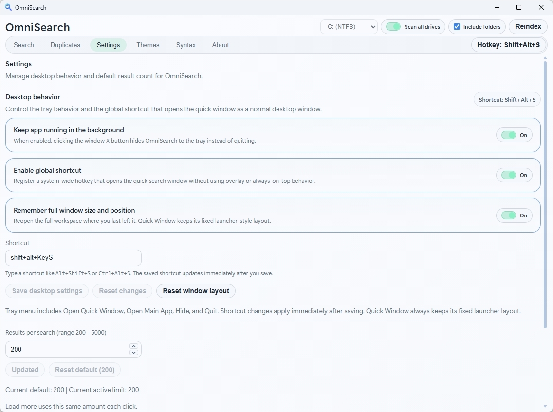 OmniSearch settings page