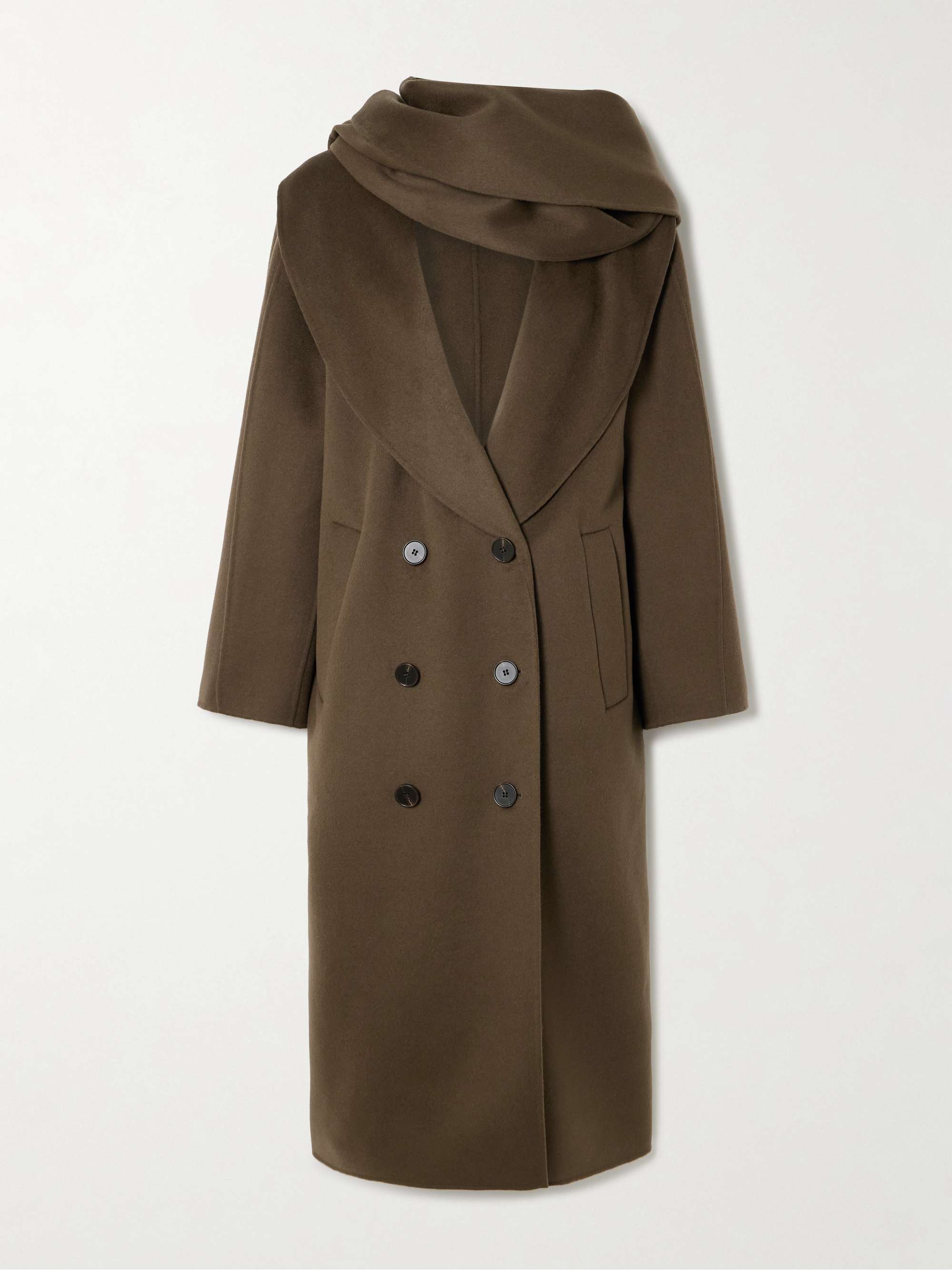 Double-Breasted Scarf-Detailed Layered Wool Coat