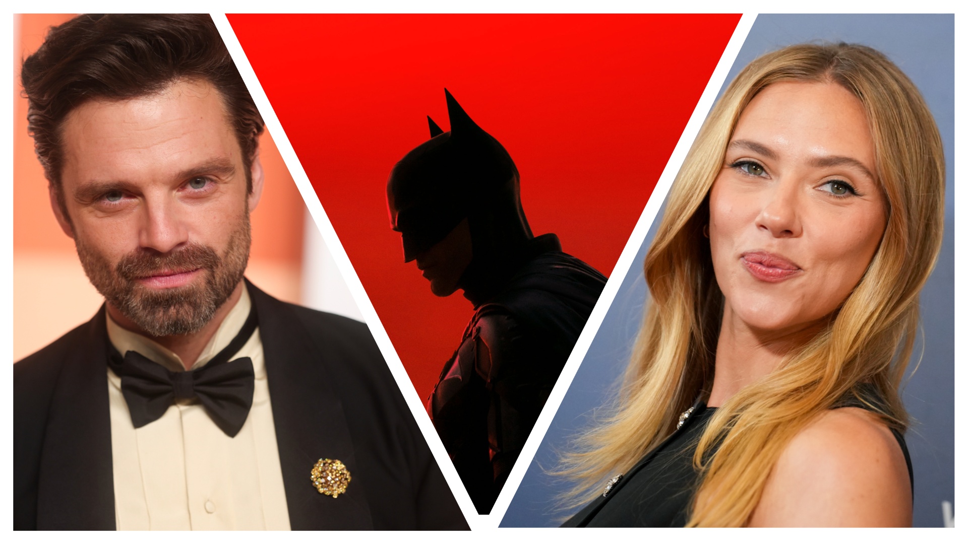 Sebastian Stan and Scarlett Johansson, either side of a picture of Robert Pattinson's Batman 