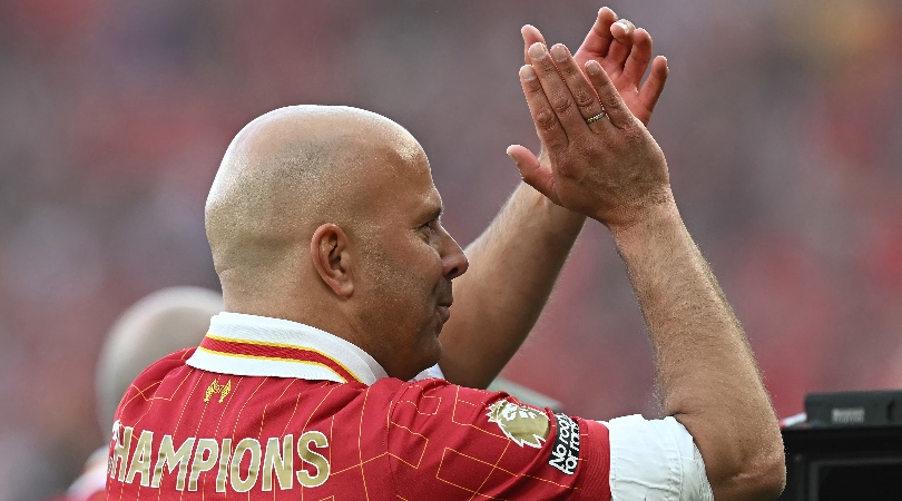 Arne Slot applauds the Liverpool fans after the 5-1 win over Tottenham at Anfield which secured the Premier League title in April 2025.