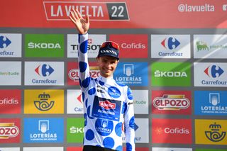 COLLU FANCUAYA SPAIN AUGUST 27 Jay Vine of Australia and Team AlpecinDeceuninck celebrates at podium as Polka Dot Mountain Jersey winner during the 77th Tour of Spain 2022 Stage 8 a 1534km stage from Pola de Laviana to Collu Fancuaya 1084m LaVuelta22 WorldTour on August 27 2022 in Collu Fancuaya Spain Photo by Tim de WaeleGetty Images