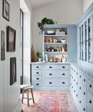A kitchen with pale blue cabinetry, white shiplap walls and colorful rug