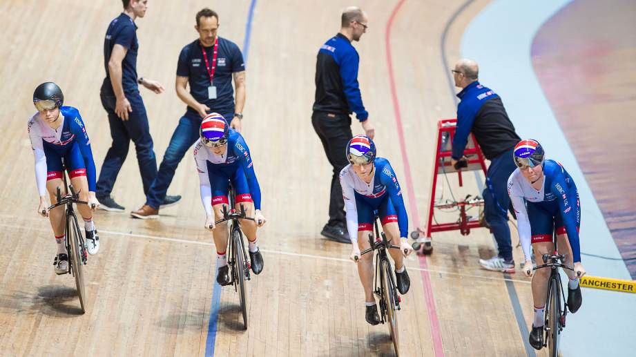 Great Britain women's Team Pursuit riders start a practice session.