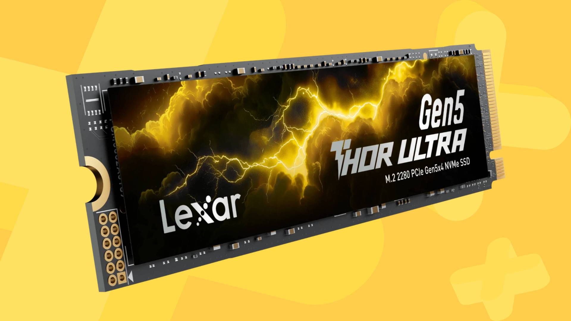 Image of a Lexar Thor Ultra SSD on a yellow GamesRadar+ background.