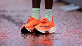 Brigid Kosgei of Kenya shoes are seen after her victory in the Elite Women's Field during the 2020 Virgin Money London Marathon