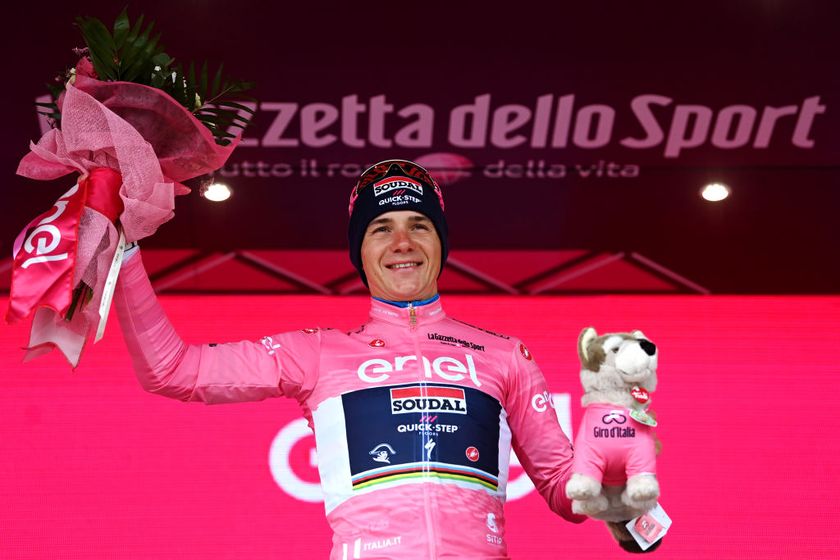 Giro d&#039;Italia 2023: Remco Evenepoel celebrates holding the overall lead