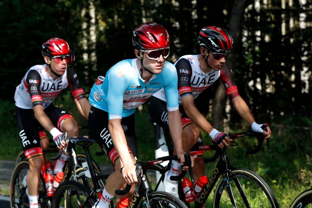 LUXEMBOURG LUXEMBOURG SEPTEMBER 18 LR Marc Hirschi of Switzerland blue points jersey and Juan Ayuso Pesquera of Spain and UAE Team Emirates compete during the 81st SkodaTour De Luxembourg 2021 Stage 5 a 1837km stage from Mersch to Luxembourg 323m skodatour skodatour on September 18 2021 in Luxembourg Luxembourg Photo by Bas CzerwinskiGetty Images