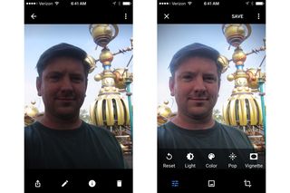 I'm pretty backlit in the origianl photo on the left; the auto-correction feature in Google photos produced the improved photo on the right.