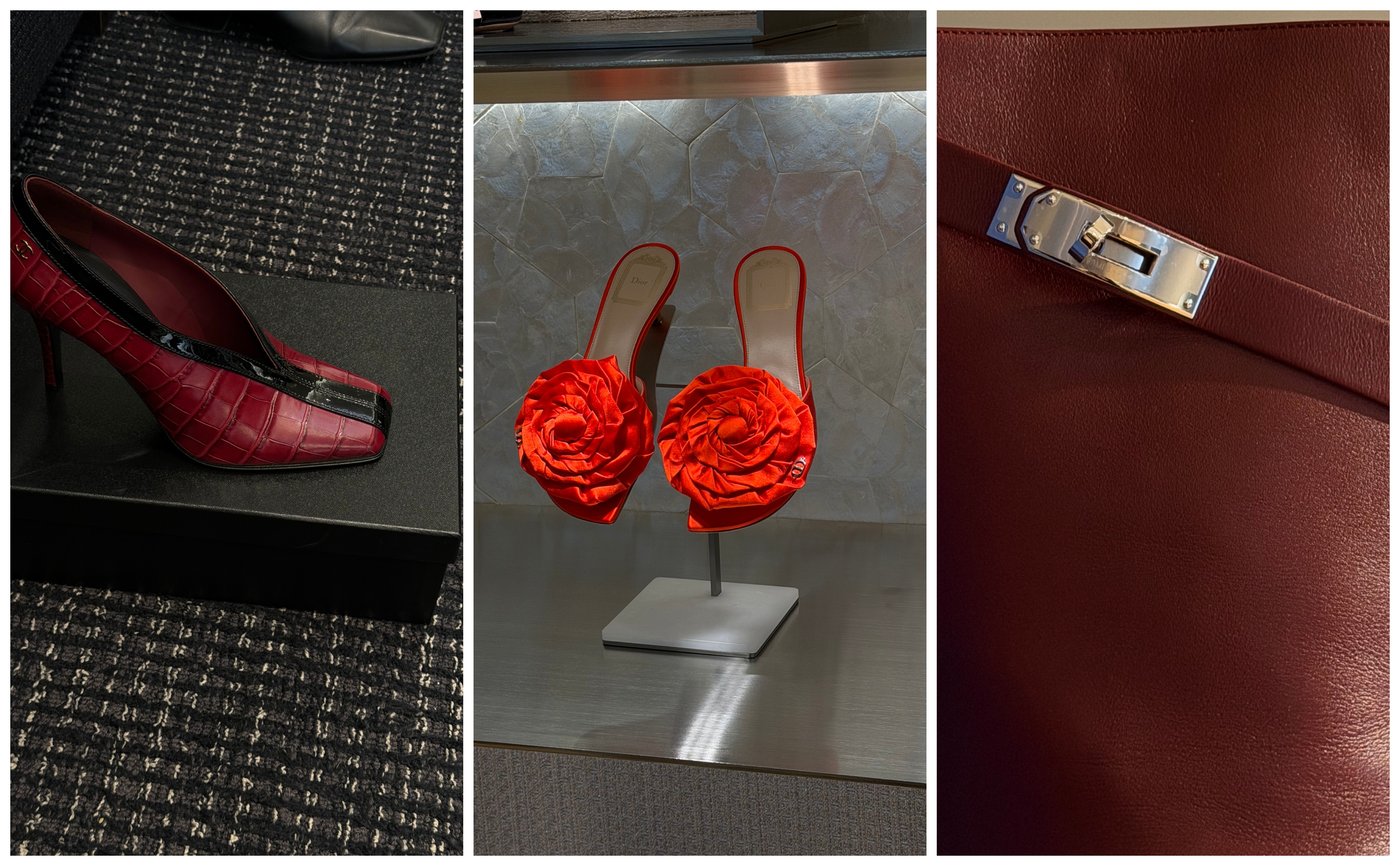 collage of Chanel shoes, Dior shoes, and Hermes boots.