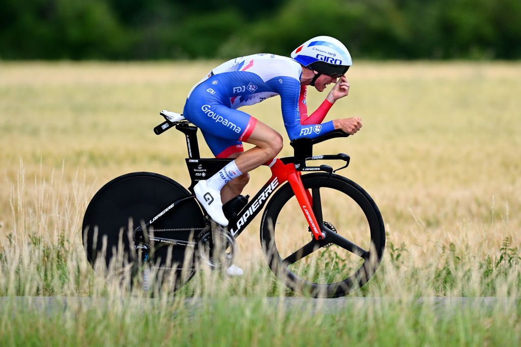LA BATIE DURFE FRANCE JUNE 08 David Gaudu of France and Team Groupama FDJ sprints during the 74th Criterium du Dauphine 2022 Stage 4 a 319km individual time trial from Montbrison to La Btie dUrf WorldTour Dauphin on June 08 2022 in La Batie dUrfe France Photo by Dario BelingheriGetty Images