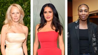 Collage of celebrities who love rose water sprays [L-R] Pamela Anderson, Salma Hayek and Venus Williams