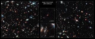 Inset are close-ups of two high redshift galaxies seen by JWST. One is at a redshift of 10.5, the other at 12.5. Most of the foreground galaxies are part of the Abell 2744 cluster.