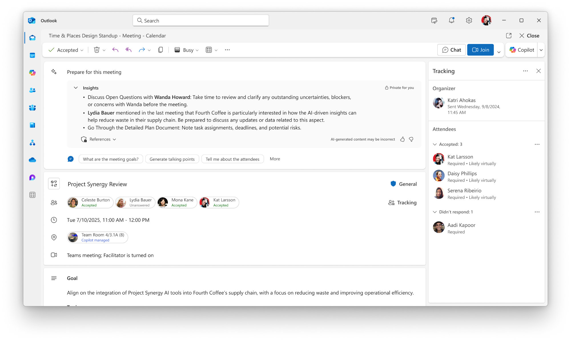 Screenshot of Microsoft Outlook calendar showing Copilot AI meeting preparation insights, including talking points, references, and attendee details for a "Project Synergy Review" meeting.