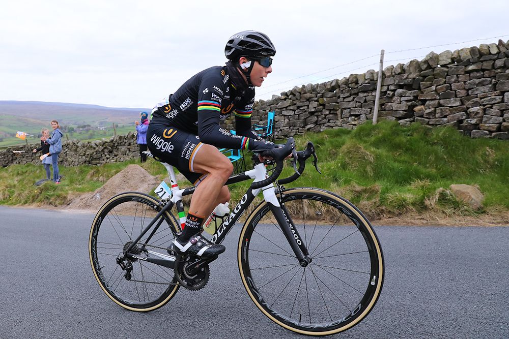 Giorgia Bronzini climbs during the Tour de Yorkshire