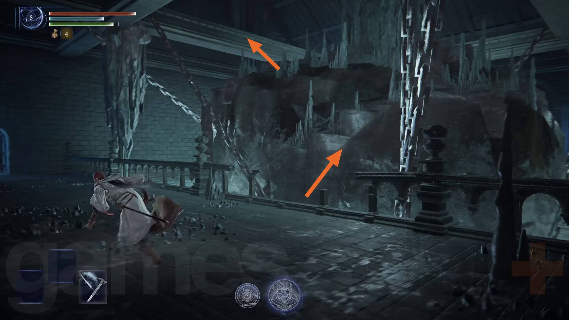 Elden Ring Nightreign Scholar Remembrance quest giant crystal climbing path highlighted with orange arrows