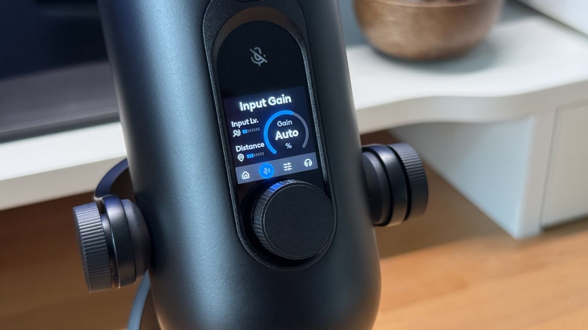 The Logitech Yeti 2 microphone on a desk.