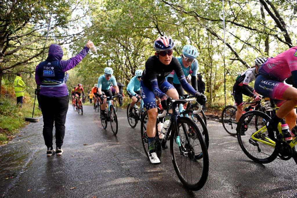 WALSALL ENGLAND OCTOBER 05 Lauren Stephens of United States and Team TIBCO Silicon Valley Bank competes during the 7th The Womens Tour 2021 Stage 2 a 1022km stage from Walsall to Walsall thewomenstour UCIWWT on October 05 2021 in Walsall England Photo by Justin SetterfieldGetty Images