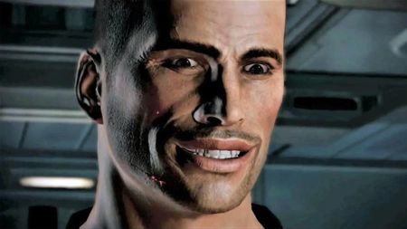 A close-up of Shephard from Mass Effect awkwardly smiling.