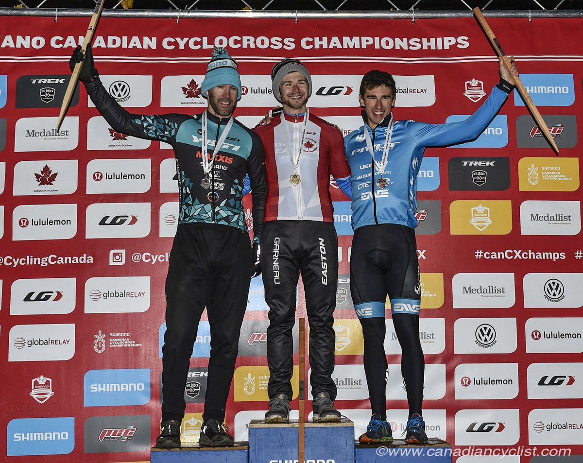 Elite Men&rsquo;s podium: l to r- Geoff Kabush, Michael van den Ham, Marc-Andre Fortier