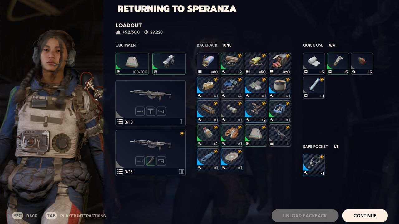 Arc Raiders: The end-of-match overview screen showing the loot the player has extracted with, and the unload backpack option in the bottom right.