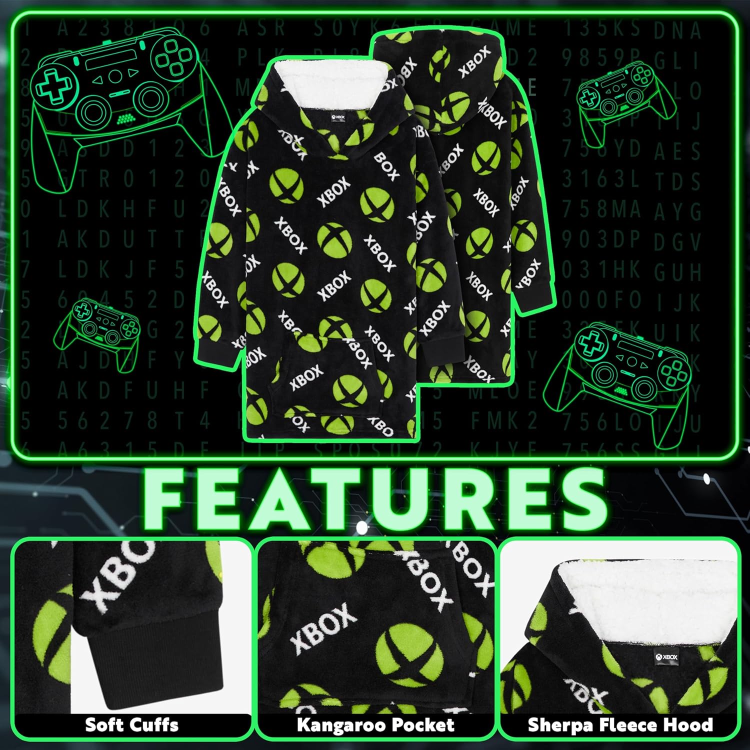 Xbox Fleece Blanket Hoodie for Boys and Teenagers - One Size Cosy Kids Oversized Hoodie Blanket - Gamer Gifts for Boys