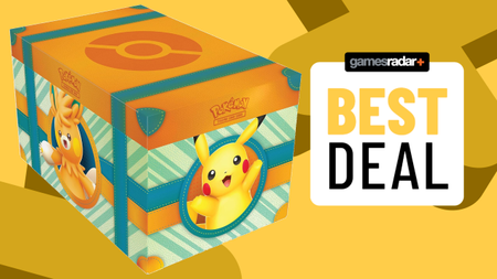 Pokemon TCG Paldea Adventure Chest beside a 'best deal' badge, all against a yellow background