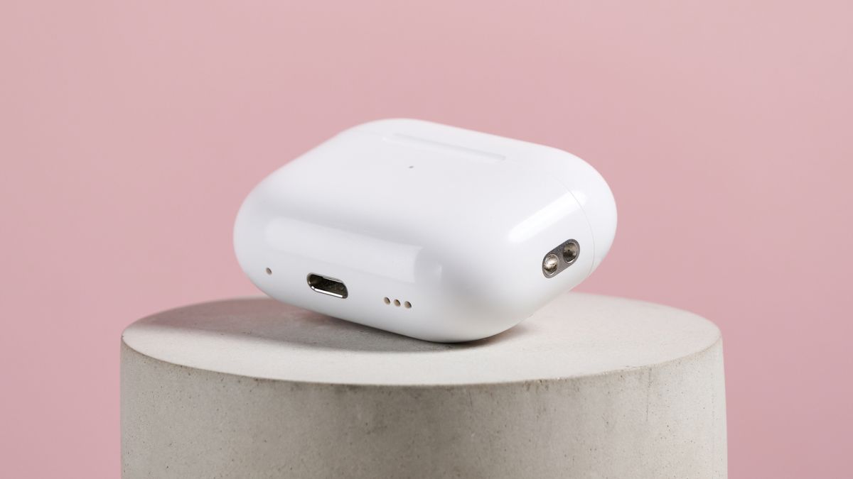 The AirPods Pro 2 case showing its connections and speakers