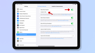 Screenshot of an iPad's Settings, with red arrows pointing at Share iPad Analytics and Analytics Data. 