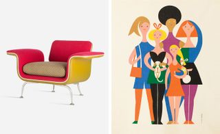 Pink and yellow chair and animated women standing