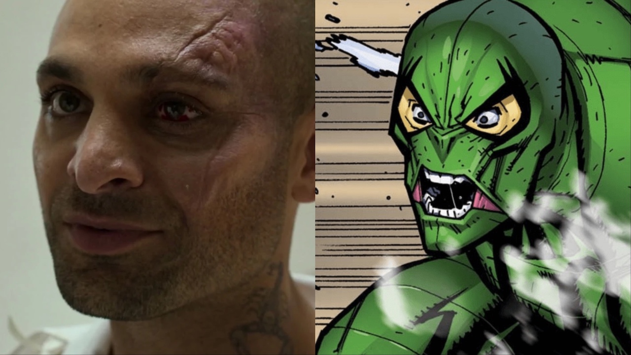 Michael Mando's Mac Gargan and comic book artwork of Spider-Man villain The Scorpion