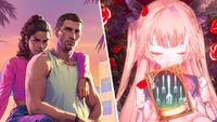 Jason and Lucia from GTA 6 on the left side of a split image, an anime lady from Crymelight on the right.
