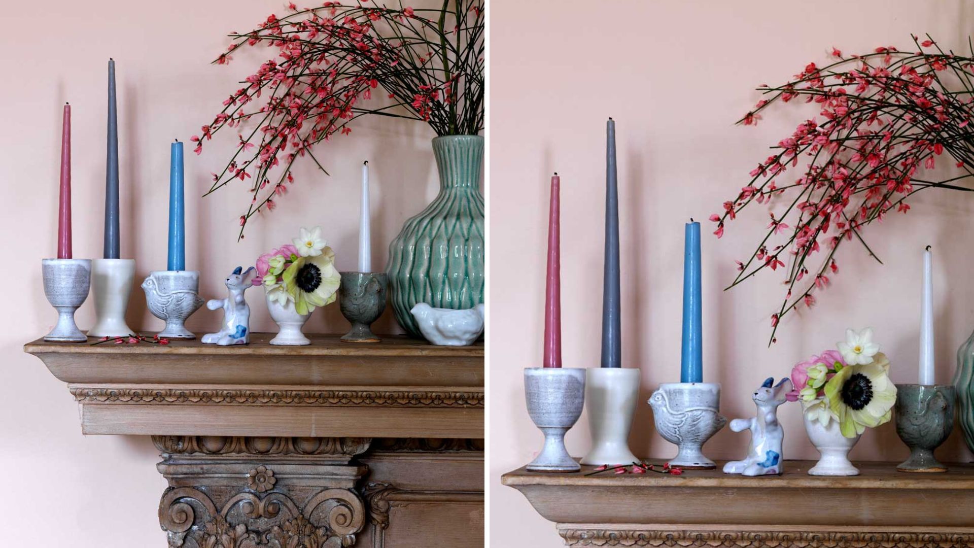 Easter mantel decor idea using egg cups as candlesticks