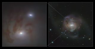 This image shows close-up (left) and wide (right) views of the two bright galactic nuclei of NGC 7727 89 million light-years from Earth. Each nuclei is home to a supermassive black hole at its center.